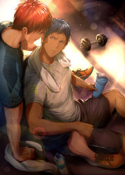 Rule 34 | 2boys, aomine daiki, arm support, between legs, black shorts, blue eyes, blue hair, blue shirt, bottle, closed mouth, commentary request, dumbbell, from above, highres, kagami taiga, kuroko no basuke, looking at another, looking to the side, male focus, multiple boys, nike (company), orange footwear, red hair, shirt, shoes, short hair, shorts, sitting, sneakers, towel, towel around neck, water bottle, white towel, yaoi, zawar379