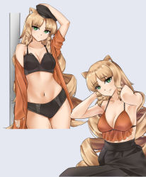 Rule 34 | 1girl, absurdres, animal ears, arknights, arm up, bare shoulders, black bra, black headwear, black panties, black skirt, blonde hair, blouse, bra, casperrin, commentary, cropped legs, drill hair, drill sidelocks, english commentary, fang, fang out, green eyes, grey background, highres, long hair, looking at viewer, multiple views, navel, open clothes, open shirt, orange bra, orange shirt, panties, shirt, sidelocks, simple background, skirt, smile, standing, stomach, swire (arknights), tiger ears, underwear, very long hair