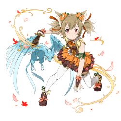 Rule 34 | 1girl, animal ears, breasts, bridal gauntlets, brown hair, cat ears, dress, flower, full body, hair flower, hair ornament, hair ribbon, highres, holding, holding sword, holding weapon, long hair, looking at viewer, mini dragon, multiple tails, orange flower, petals, pina (sao), red eyes, red ribbon, ribbon, short dress, short sword, short twintails, silica, silica (sao-alo), small breasts, smile, solo, sword, sword art online, tail, thighhighs, transparent background, twintails, two tails, weapon, white thighhighs