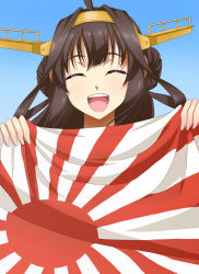 Rule 34 | 10s, 1girl, ^ ^, ahoge, brown hair, double bun, closed eyes, flag, highres, juoto, kantai collection, kongou (kancolle), open mouth, rising sun flag, simple background, smile, solo, sunburst, teeth