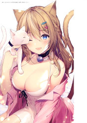 Rule 34 | 1girl, ;d, absurdres, animal, animal ears, artist name, bell, blue eyes, bow, bowtie, braid, breasts, brown hair, cat, cat ears, cat girl, cat tail, choker, cleavage, collar, dress, hair between eyes, hair ornament, hairclip, halter dress, halterneck, hand up, highres, jacket, jingle bell, large breasts, long hair, long sleeves, looking at viewer, necomi, off shoulder, one eye closed, open clothes, open jacket, open mouth, original, pink jacket, scan, shiny skin, signature, simple background, sleeveless, sleeveless dress, smile, solo, spaghetti strap, tail, white dress