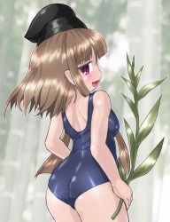 Rule 34 | 1girl, alternate costume, ass, black hat, blunt bangs, blush, breasts, brown hair, from behind, hat, long hair, looking at viewer, looking back, myouga (plant), nishida satono, one-piece swimsuit, open mouth, pink eyes, pointy ears, school swimsuit, short hair with long locks, sidelocks, small breasts, smile, solo, standing, swimsuit, tate eboshi, touhou, winn