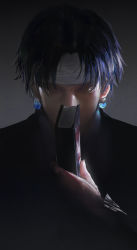 Rule 34 | 1boy, between fingers, black shirt, blouse, book, chrollo lucilfer, covering own mouth, dark, earrings, eyelashes, gradient background, highres, holding, hunter x hunter, jewelry, jiam009, male focus, parted bangs, portrait, realistic, shirt, simple background, solo, tagme