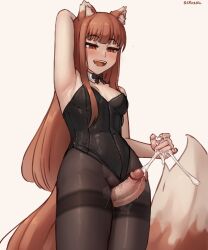 Rule 34 | 1girl, animal ear fluff, animal ears, arm behind head, armpits, artist name, black bow, black bowtie, black leotard, black pantyhose, blush, bow, bowtie, breasts, brown hair, commentary, cowboy shot, cum, cum on hands, detached collar, disembodied penis, ejaculation, english commentary, erection, hetero, highres, holo, leotard, long hair, looking down, open mouth, pantyhose, penis, projectile cum, red eyes, seraziel, simple background, small breasts, smile, solo focus, spice and wolf, standing, strapless, strapless leotard, tail, teeth, testicles, thigh sex, thighband pantyhose, white background, wolf ears, wolf girl, wolf tail