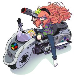 Rule 34 | 1980s (style), 1girl, 4chan, 8chan, absurdres, akira (manga), bags under eyes, clover, denim, female focus, four-leaf clover, freckles, full body, game console, gashi-gashi, green eyes, grin, hairband, highres, hood, hoodie, jeans, long hair, motor vehicle, motorcycle, no shoes, oldschool, open mouth, original, pants, red hair, retro artstyle, shaded face, sharp teeth, sidelocks, simple background, smile, socks, solo, super famicom, super scope, sweater, swept bangs, teeth, vehicle, vivian james, white background