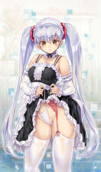 Rule 34 | bare shoulders, blush, breasts, brown eyes, clothes lift, detached sleeves, garter belt, garter straps, highres, kiyama satoshi, lifted by self, long hair, looking at viewer, maid headdress, panties, parted lips, silver hair, skirt, skirt lift, thighhighs, twintails, underwear, very long hair, white panties, white thighhighs