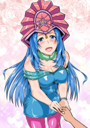 Rule 34 | 1girl, :d, absurdres, blue bracelet, blue dress, blue eyes, blue hair, bracelet, breasts, cleavage, commentary, dress, duel monster, floral background, highres, holding hands, jewelry, lady of pumps, large breasts, long hair, looking at viewer, open mouth, pantyhose, pink pantyhose, sangyou haikibutsu a, smile, yu-gi-oh!, yu-gi-oh! rush duel