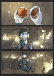 Rule 34 | 1girl, 3koma, bandages, blonde hair, blood, blue eyes, boots, border, can, chocolate, city, comic, commentary, corpse, death, debris, dirty, dresden, eating, empty eyes, erica (naze1940), fire, food, german text, germany, helmet, highres, historical event, injury, licking, licking finger, load bearing equipment, melting, military, combat helmet, military uniform, original, revision, rubble, scho-ka-kola, short hair, sitting, soldier, spilling, stahlhelm, torn clothes, translated, uniform, war, world war ii