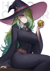 1girl absurdres bags_under_eyes belt black_nails black_robe breasts ceres_fauna cosplay covered_navel earrings flower green_hair hair_flower hair_ornament hair_over_one_eye hat highres hololive hololive_english jewelry large_breasts little_witch_academia long_hair mole mole_under_eye robe sitting sucy_manbavaran sucy_manbavaran_(cosplay) twitter_username virtual_youtuber witch witch_hat yellow_eyes yubaest