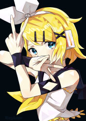 Rule 34 | 1girl, absurdres, aqua eyes, armband, bare shoulders, blonde hair, blue eyes, blush, bow, covering own mouth, crop top, double v, flat chest, hair bow, hair ornament, hairclip, headphones, headset, highres, kagamine rin, keylow, looking at viewer, narrow waist, neckerchief, sailor collar, shirt, skinny, sleeveless, sleeveless shirt, smile, solo, swept bangs, v, vocaloid, white bow, wristband, yellow neckerchief
