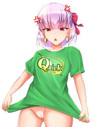 Rule 34 | 1girl, absurdres, anger vein, bad id, bad pixiv id, blush, bottomless, breasts, collarbone, earrings, fate/grand order, fate (series), green shirt, hair ribbon, highres, jewelry, kama (fate), looking at viewer, no panties, open mouth, pussy, quick shirt, rebaria, red eyes, ribbon, shirt, short hair, short sleeves, silver hair, simple background, small breasts, solo, t-shirt, thighs, triangle mouth, white background