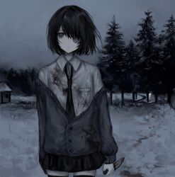 Rule 34 | 1girl, arms at sides, black hair, black necktie, black skirt, black thighhighs, blood, blood on clothes, blood trail, bloody knife, breast pocket, cardigan, chan8016, collared shirt, cowboy shot, empty eyes, expressionless, gauze, gauze over eye, grey cardigan, grey eyes, highres, holding, holding knife, knife, necktie, one eye covered, original, outdoors, pale skin, parted lips, partially unbuttoned, pocket, school uniform, shirt, short hair, single sleeve past fingers, skirt, snow, solo, teeth, thighhighs, tree, white shirt