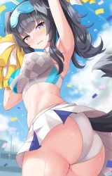 Rule 34 | 1girl, absurdres, arm up, armpits, ass, black hair, blue archive, blue eyes, blue sky, blunt bangs, cheerleader, cloud, confetti, crop top, day, embarrassed, eye mask, hayana neru, hibiki (blue archive), hibiki (cheer squad) (blue archive), highres, long hair, looking at viewer, millennium cheerleader outfit (blue archive), open mouth, outdoors, panties, pantyshot, pleated skirt, pom pom (cheerleading), sidelocks, skirt, sky, solo, standing, tail, thighs, twintails, twisted torso, underwear, water drop, white panties, white skirt