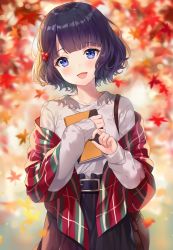 Rule 34 | 1girl, :d, artist name, autumn leaves, bag, black skirt, blue eyes, blurry, blurry background, blush, collarbone, commentary, depth of field, fate/grand order, fate (series), grey shirt, hair bobbles, hair ornament, hands up, head tilt, highres, hitsukuya, katsushika hokusai (fate), leaf, long sleeves, looking at viewer, maple leaf, open mouth, plaid, purple hair, revision, shawl, shirt, short hair, shoulder bag, signature, skirt, sleeves past wrists, smile, solo, symbol-only commentary