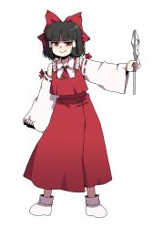 Rule 34 | 1girl, bow, brown eyes, brown hair, detached sleeves, embodiment of scarlet devil, gohei, hair bow, hakurei reimu, highres, holding, holding gohei, jacket, karepack, looking at viewer, nontraditional miko, red bow, red jacket, red skirt, shirt, skirt, sleeveless, sleeveless jacket, smug, solo, touhou, white background, white shirt, white sleeves