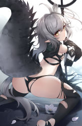Rule 34 | 1girl, absurdres, arknights, ass, bikini, black bikini, black thighhighs, blush, breasts, crocodilian, crocodilian tail, detached sleeves, feet out of frame, flower, from behind, gala (16901040), hair intakes, highres, kneeling, large tail, leaning forward, long hair, long sleeves, looking at viewer, looking back, petals, pointy ears, sideboob, simple background, skindentation, small breasts, solo, staff, swimsuit, tail, thighhighs, tomimi (arknights), torn bikini, torn clothes, torn thighhighs, very long hair, white background, white flower