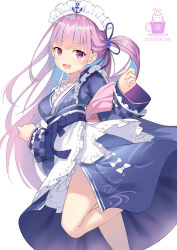 Rule 34 | 1girl, :d, aliter, anchor, apron, artist name, blue bow, blue hair, blue kimono, bow, breasts, colored inner hair, commentary request, frilled apron, frills, gradient hair, highres, hololive, japanese clothes, kimono, long hair, long sleeves, maid, maid headdress, minato aqua, minato aqua (new year), multicolored hair, obi, open mouth, pink hair, purple eyes, sash, simple background, sleeves past wrists, small breasts, smile, solo, standing, standing on one leg, streaked hair, very long hair, virtual youtuber, wa maid, white apron, white background, white bow, wide sleeves