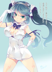 Rule 34 | 1girl, aqua hair, blue ribbon, breasts, cleavage, commentary request, cosplay, covered navel, cowboy shot, crossover, dress, dungeon ni deai wo motomeru no wa machigatteiru darou ka, gloves, green eyes, hairband, hand on own hip, hestia (danmachi), hestia (danmachi) (cosplay), highres, imu sanjo, isuzu (kancolle), kantai collection, large breasts, legs apart, long hair, rei no himo, ribbon, smile, solo, standing, translated, twintails, white dress, white gloves