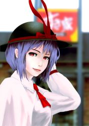 1girl ascot blouse blue_hair blurry depth_of_field female_focus hand_on_own_head hat highres hiragana_oufu lips looking_at_viewer nagae_iku realistic red_eyes shirt smile solo touhou upper_body