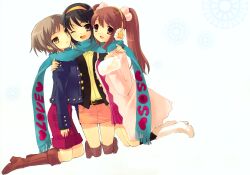 3girls absurdres alternate_costume asahina_mikuru belt blue_scarf boots brown_belt brown_eyes brown_footwear brown_hair closed_mouth coat dot_nose earmuffs full_body fur-trimmed_coat fur_trim grey_hair hair_bobbles hair_ornament hairband highres ito_noizi jacket kneeling long_hair looking_at_viewer multiple_girls nagato_yuki one_eye_closed open_mouth orange_hairband scarf shared_clothes shared_scarf shirt short_hair simple_background smile suzumiya_haruhi suzumiya_haruhi_no_yuuutsu twintails white_background white_footwear yellow_shirt