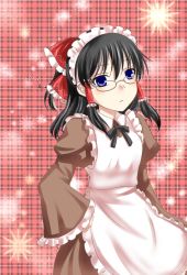 Rule 34 | 1girl, alternate costume, alternate eye color, apron, black hair, blue eyes, bow, checkered background, clenched hand, enmaided, female focus, frown, glasses, hair bow, hair tubes, hakurei reimu, hand on own hip, head tilt, hip focus, looking at viewer, maid, maid apron, maid headdress, puffy sleeves, red background, ribbon, royaleden, sleeves past wrists, solo, sparkle, touhou