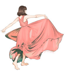 Rule 34 | 1girl, bare arms, bare shoulders, barefoot, brown hair, dancing, dress, closed eyes, from behind, full body, long dress, original, red dress, short hair, signature, simple background, skirt hold, solo, standing, umishima senbon, white background