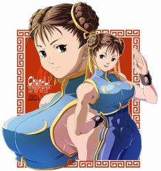 Rule 34 | 1girl, bracelet, breasts, brown eyes, brown hair, capcom, character name, chun-li, closed mouth, dated, double bun, hair bun, hair ribbon, jewelry, looking at viewer, open mouth, osanpogakari, ribbon, short hair, smile, solo, street fighter, street fighter zero (series)