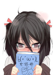 Rule 34 | 1girl, @ @, absurdres, ahoge, bad id, bad pixiv id, black hair, blush, book, brown eyes, brown hair, covering face, covering own mouth, covering privates, fujoshi, glasses, hair ribbon, highres, holding, holding book, off shoulder, original, purple eyes, red eyes, ribbon, simple background, solo, two side up, white background, yamane akira