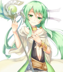 Rule 34 | 1girl, caam serenity of gusto, collar, collarbone, duel monster, green eyes, green hair, hand on own chest, highres, jewelry, long hair, looking at viewer, matching hair/eyes, midriff, navel, ponytail, robe, shintani tsushiya, simple background, smile, solo, staff, white background, yu-gi-oh!