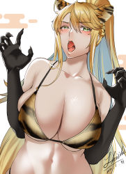 Rule 34 | 1girl, absurdres, animal ears, animal print, artoria pendragon (fate), artoria pendragon (lancer alter) (fate), bare shoulders, bikini, black gloves, blonde hair, blush, breasts, claws, cleavage, elbow gloves, fang, fate/grand order, fate (series), gloves, green eyes, high ponytail, highres, large breasts, long hair, navel, open mouth, shiki (love-saber), swimsuit, tiger ears, tiger print, upper body