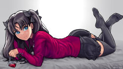 Rule 34 | 1girl, black hair, black thighhighs, blue eyes, buttons, fate/stay night, fate (series), hair ribbon, highres, jewelry, kiwii line, long hair, lying, necklace, on stomach, red sweater, ribbon, smile, solo, sweater, thighhighs, tohsaka rin, zettai ryouiki