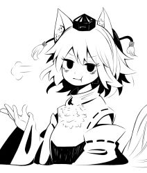 Rule 34 | 1girl, :t, puff of air, animal ear fluff, animal ears, black eyes, closed mouth, detached sleeves, greyscale, hanokami, highres, inubashiri momiji, looking at viewer, monochrome, pom pom (clothes), shirt, short hair, simple background, solo, tail, touhou, upper body, white background, white hair, white shirt, white sleeves, wolf ears, wolf girl, wolf tail
