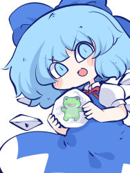 Rule 34 | 1girl, :3, aqua eyes, aqua hair, blue bow, blue skirt, bow, chahan (fried rice0614), chibi, cirno, collar, collared dress, commentary, dress, frozen, frozen frog, hair bow, highres, holding, ice, ice wings, looking at viewer, neck ribbon, open mouth, puffy short sleeves, puffy sleeves, red ribbon, ribbon, short hair, short sleeves, simple background, skirt, solo, touhou, upper body, white background, white collar, wings