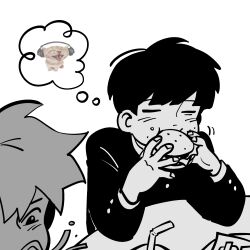 Rule 34 | 2boys, animal, burger, buttoned cuffs, buttons, cat, closed eyes, commentary, eating, english commentary, esper-eclipse, fingernails, food, gakuran, greyscale, hanazawa teruki, highres, holding, holding food, kageyama shigeo, long sleeves, male focus, mob psycho 100, monochrome, multiple boys, school uniform, short hair, simple background, table, thought bubble, white background