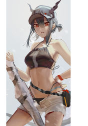 Rule 34 | 1girl, absurdres, arknights, bad id, bad pixiv id, baseball cap, bikini, black bikini, breasts, ch&#039;en (arknights), ch'en (arknights), commentary request, cowboy shot, dragon horns, eit (ikeuchi), female tourist c (arknights), grey background, grey hair, hair between eyes, halterneck, hand on own hip, hat, highres, horns, looking at viewer, medium breasts, navel, official alternate costume, open fly, parted lips, pouch, red eyes, short hair, short shorts, shorts, sidelocks, simple background, solo, standing, stomach, swimsuit, thighs, white shorts