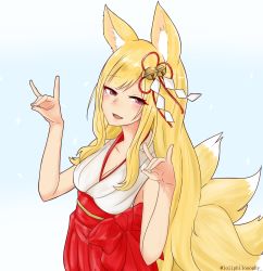 Rule 34 | animal ears, artist name, bare arms, bell, blonde hair, blush, breasts, commentary, english commentary, fox ears, fox shadow puppet, hair bell, hair ornament, highres, houshou8, indie virtual youtuber, japanese clothes, jingle bell, kitsune, light blue background, long hair, looking at viewer, medium breasts, miko, multiple girls, open mouth, purple eyes, simple background, sleeveless, smile, tsukimiya mai, twitter username, virtual youtuber