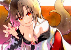 Rule 34 | 1girl, animal ears, bent over, blurry, breasts, brooch, brown hair, dress, fang, fingernails, highres, imaizumi kagerou, jewelry, long fingernails, long hair, long sleeves, looking at viewer, nail polish, qqqrinkappp, red nails, skin fang, solo, tail, touhou, wolf ears, wolf tail