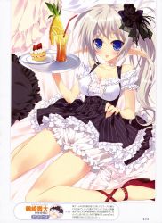 Rule 34 | 1girl, :p, absurdres, bare shoulders, bloomers, blue eyes, blush, breasts, cake, choker, cleavage, clothes lift, cross-laced footwear, dress, dress lift, elf, flower, food, frills, fruit, hair flower, hair ornament, highres, long hair, looking at viewer, medium breasts, original, pineapple, pointy ears, side ponytail, solo, tongue, tongue out, tray, tsurusaki takahiro, underwear