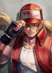 Rule 34 | 1boy, baseball cap, black gloves, blonde hair, blue eyes, clothes writing, collarbone, commentary request, copyright name, fatal fury, fingerless gloves, floating hair, gloves, hair between eyes, hand on headwear, hat, highres, kuroi susumu, long hair, looking at viewer, male focus, muscular, nintendo, open clothes, open vest, parted lips, ponytail, red hat, red vest, shadow, smile, snk, solo, super smash bros., tank top, terry bogard, the king of fighters, unzipped, upper body, vest, white tank top