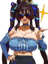 Rule 34 | 1girl, :d, absurdres, animal ears, bare shoulders, blue ribbon, breasts, brown hair, cleavage, commentary, feipin zhanshi, hair ribbon, hand on own hip, hat, heart, heart necklace, highres, horse ears, horse girl, huge breasts, jewelry, looking at viewer, midriff, multicolored hair, navel, necklace, open mouth, ribbon, simple background, smile, solo, streaked hair, sunglasses, twintails, umamusume, vivlos (umamusume), white background, white hair, white hat