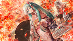 Rule 34 | 1girl, :d, absurdres, autumn leaves, blush, commentary, cowboy shot, daidou (demitasse), dot nose, dutch angle, floral print, flower, foot out of frame, green eyes, green hair, hair between eyes, hair flower, hair ornament, hair tassel, hatsune miku, highres, holding, holding umbrella, japanese clothes, kimono, leaf, long hair, long sleeves, looking at viewer, maple leaf, obi, oil-paper umbrella, open mouth, outdoors, red ribbon, ribbon, sash, sidelocks, smile, solo, standing, tassel, tassel hair ornament, temple, twintails, umbrella, very long hair, vocaloid, wide sleeves