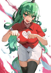 Rule 34 | 1girl, black thighhighs, breasts, clenched hands, collared shirt, commentary, english commentary, green eyes, green hair, heart, heart print, highres, horns, komano aunn, large breasts, long hair, looking at viewer, open mouth, red shirt, shirt, short sleeves, shorts, single horn, solo, teasmacker, thighhighs, touhou, white background, white shorts