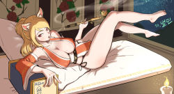Rule 34 | 1girl, animal ears, armpits, bare legs, bare shoulders, barefoot, black panties, blonde hair, breasts, candle, candlelight, cigarette, cleavage, collarbone, commission, covered erect nipples, detached sleeves, dress, dungeon and fighter, ellin meiji, eyebrows hidden by hair, fire, floral print, flower, fox ears, full body, gold, highres, holding, holding smoking pipe, huge breasts, indoors, japanese clothes, jjuntoon, korea, legs up, long hair, looking at viewer, lying, mattress, mole, mole on breast, night, night sky, nose, on back, open mouth, panties, pillow, plunging neckline, ponytail, red dress, red eyes, revealing clothes, sideboob, sidelocks, sideways glance, sky, smoking, smoking pipe, solo, star (sky), swept bangs, swimsuit, tsurime, twitter username, underbust, underwear, wide hips
