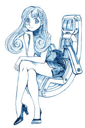 Rule 34 | 10s, 1girl, :3, aoki hagane no arpeggio, bbb (friskuser), blue theme, chair, crossed legs, high heels, hyuuga (aoki hagane no arpeggio), long hair, looking at viewer, monochrome, monocle, simple background, sitting, solo, white background