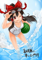Rule 34 | 10s, 1girl, 2015, bent over, black hair, cloud, dated, day, dutch angle, food, fruit, goggles, goggles on head, hair ornament, hair ribbon, hair tubes, hakurei reimu, highres, long hair, monrooru, one-piece swimsuit, partially submerged, ponytail, red eyes, ribbon, sky, solo, swimsuit, text focus, tongue, tongue out, touhou, translation request, wading, water, watermelon, wet