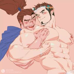 Rule 34 | 2boys, abs, bara, beard stubble, blush, brown hair, couple, crossover, drooling, facial hair, goatee, grabbing, grabbing from behind, head on another&#039;s shoulder, head rest, highres, large pectorals, league of legends, long hair, long sideburns, looking at another, male focus, mature male, mouth drool, multicolored hair, multiple boys, muscular, muscular male, muyu (muyu824127), navel, nipples, pectoral grab, pectorals, pointy ears, ponytail, sideburns, smile, snowflakes, sparkling eyes, stomach, stubble, thick eyebrows, tokyo houkago summoners, tomte (housamo), two-tone hair, unfinished, upper body, veiny crotch, white hair, yaoi, yasuo (league of legends)