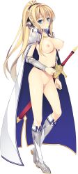 Rule 34 | 1girl, absurdres, aikawa tatsuki, aqua eyes, arena alseif, armor, armored boots, belt, belt skirt, blonde hair, blush, boots, cape, censored, full body, high ponytail, highres, long hair, looking at viewer, mosaic censoring, naked cape, navel, nipples, nude, ponytail, pussy, ryuukishi bloody saga, sheath, sheathed, solo, sword, transparent background, warrior, weapon