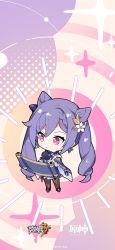 Rule 34 | 1girl, chibi, crossover, earrings, full body, genshin impact, gloves, hair ornament, highres, honkai (series), honkai impact 3rd, jewelry, keqing (genshin impact), long hair, looking to the side, mihoyo, official art, official wallpaper, pink eyes, purple gloves, purple hair, standing, twintails