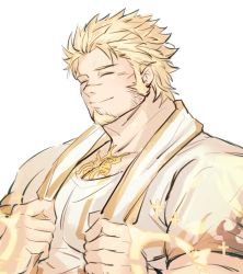 Rule 34 | 1boy, bad id, bad twitter id, bara, blonde hair, closed eyes, facial hair, facing to the side, goatee, halo, jacob (housamo), jewelry, long sideburns, male focus, muscular, muscular male, necklace, pectorals, sdz (inazuma), short hair, sideburns, smile, solo, tokyo houkago summoners, towel, towel around neck, upper body