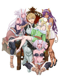 Rule 34 | 1boy, 4girls, absurdres, animal ears, aqua eyes, armchair, armor, bikini, bikini top only, blonde hair, boots, braid, breasts, chair, cleavage, colored skin, dark-skinned female, dark skin, dress, french braid, full body, green eyes, hair over one eye, harem, high heels, highres, hiyama daisuke, horns, large breasts, lisa alpacas, long hair, looking at viewer, mimi alpacas, multiple girls, no bra, o-ring, o-ring top, oni, oni horns, open clothes, open shirt, orc, peter grill, peter grill to kenja no jikan, pig ears, pig tail, piglette pancetta, pink skin, pointy ears, purple hair, simple background, sitting, sitting on person, smile, standing, swimsuit, tail, two side up, underboob, vegan eldriel, white background, white hair